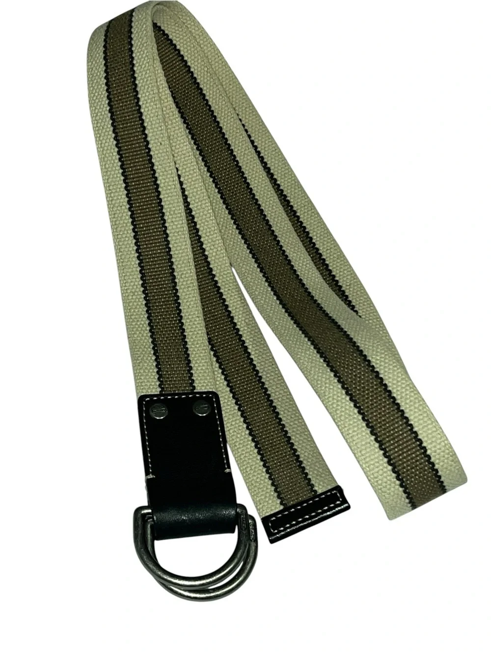 Coach Men's Canvas Double-Ring Belt in Cream and Brown with Black Leather Tab